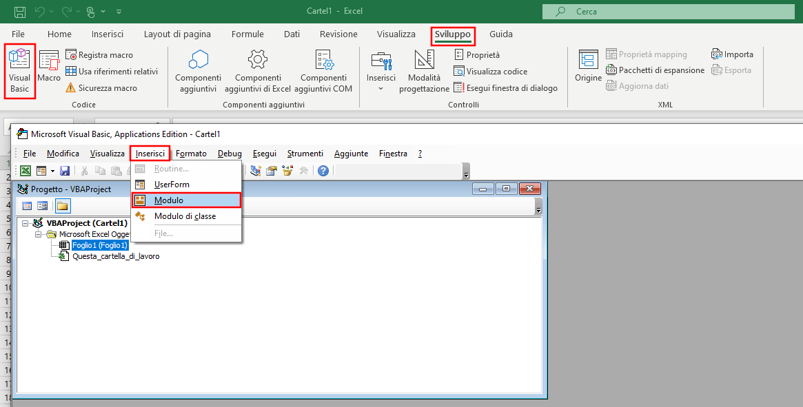 VBA di Excel: inserire modulo con Visual Basic