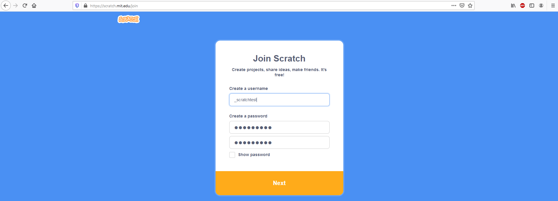 “Unisciti alla community di Scratch”: finestra per la creazione di un account utente Scratch