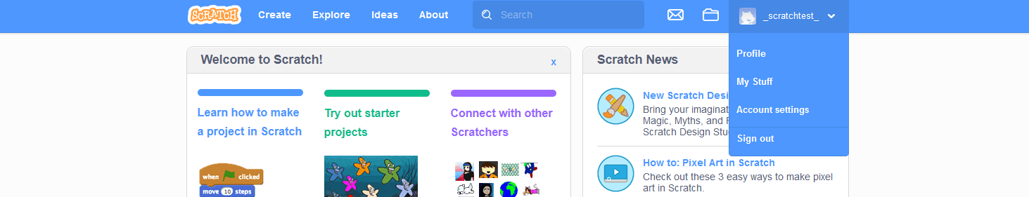 Imparare Scratch: menu rapido per profilo, account e progetti