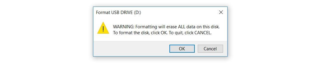 Messaggio di avviso in Windows 10: cancellazione dei dati in seguito alla formattazione della chiavetta USB