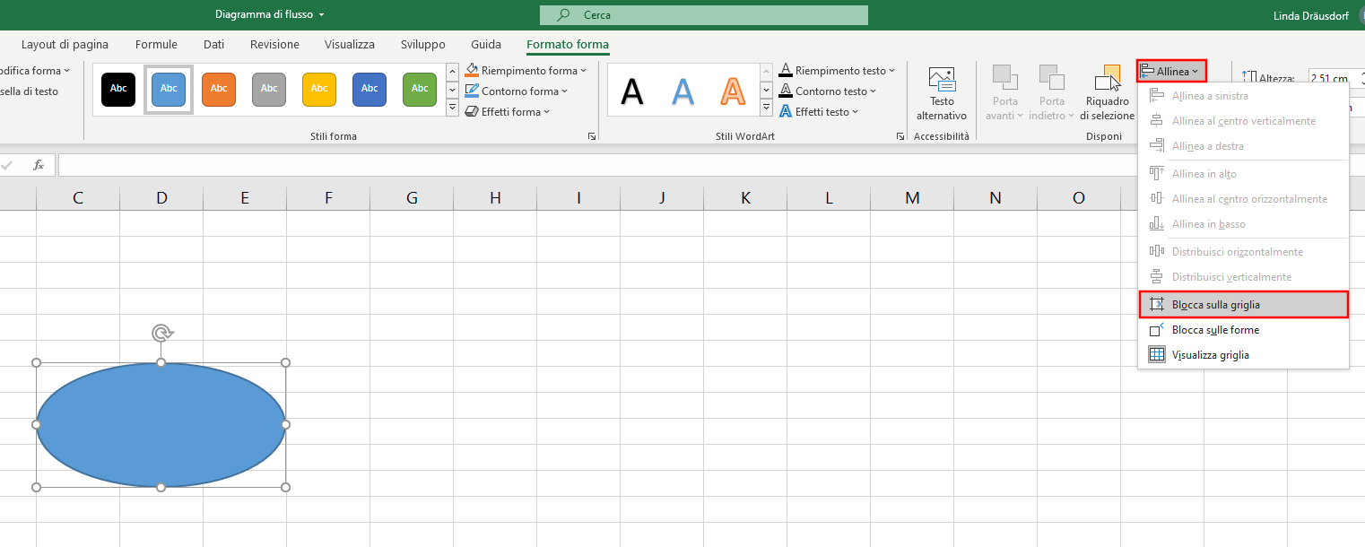 Menu di selezione per la funzione Blocca sulla griglia in Excel