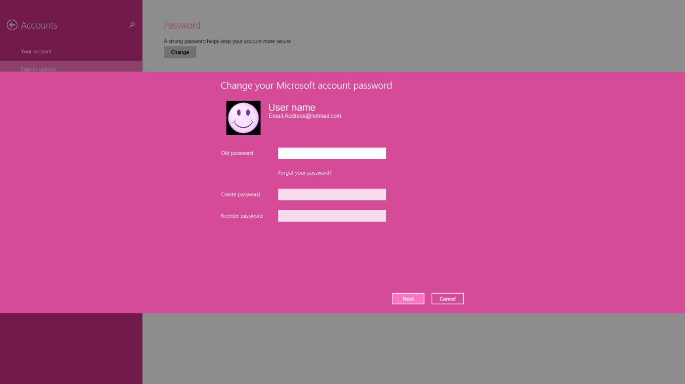 Menu di Windows 8 in cui è possibile modificare la password