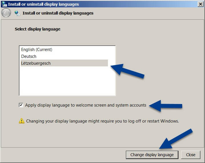 Menu per modificare la lingua di visualizzazione in Windows 7