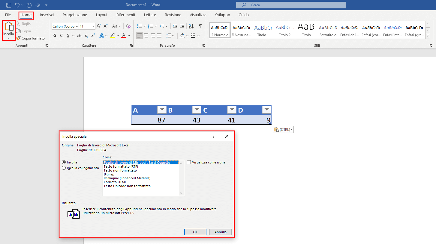 Menu per collegare Excel e Word
