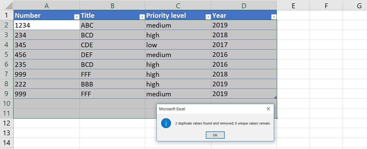 Microsoft Excel 2016: notifica dei duplicati rimossi