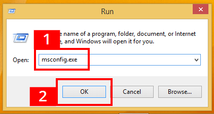 Comando msconfig nella finestra di dialogo Esegui di Windows 8