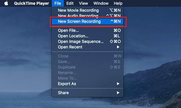 “Nuova registrazione schermo” del menu di QuickTime Player