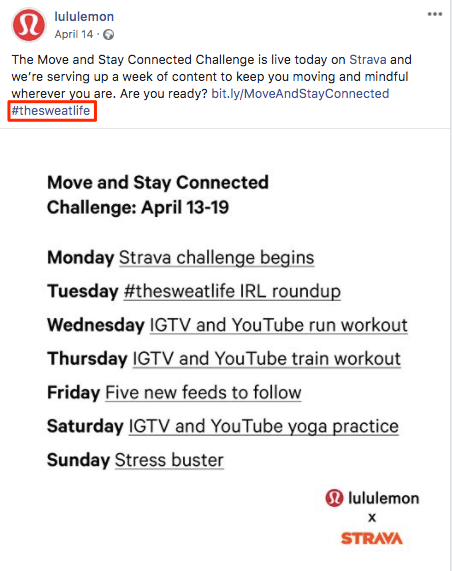 Hashtag marketing: l’account Facebook di “lululemon”