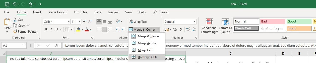 Opzioni di selezione nel menu Excel “Unisci e allinea al centro”