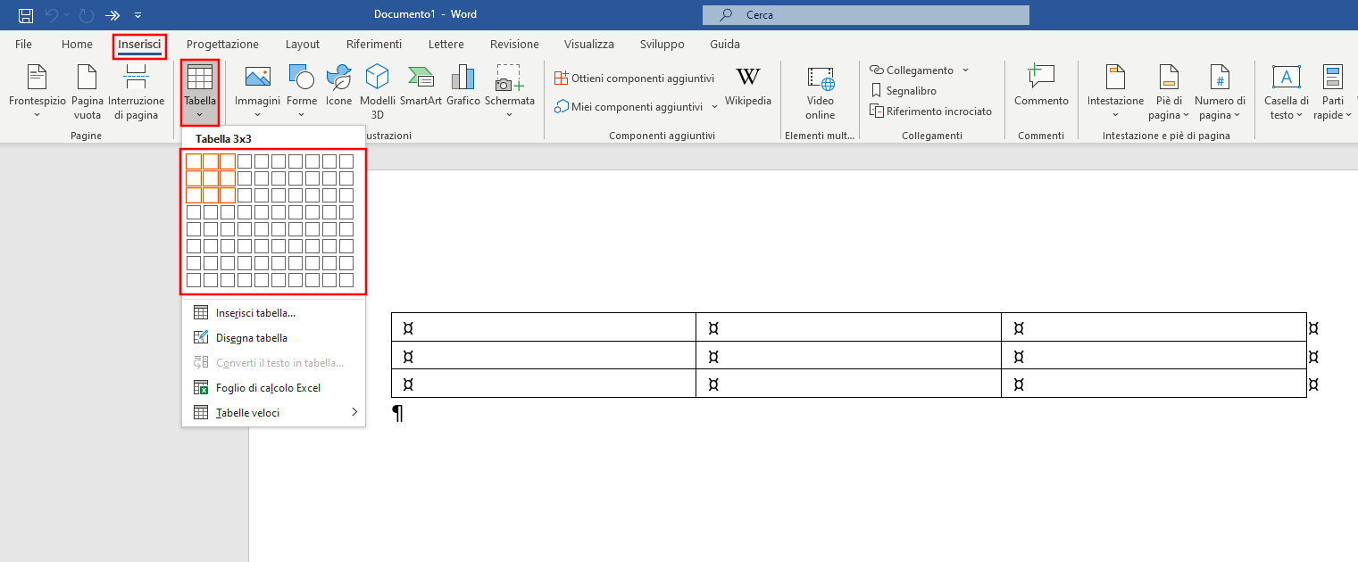 Opzione di inserimento per creare una tabella in Word con il puntatore del mouse
