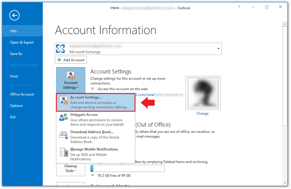 Applicazione desktop di Outlook: informazioni account nella scheda “File”
