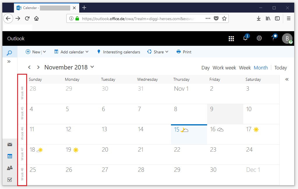 Outlook sul Web: vista calendario con la numerazione delle settimane