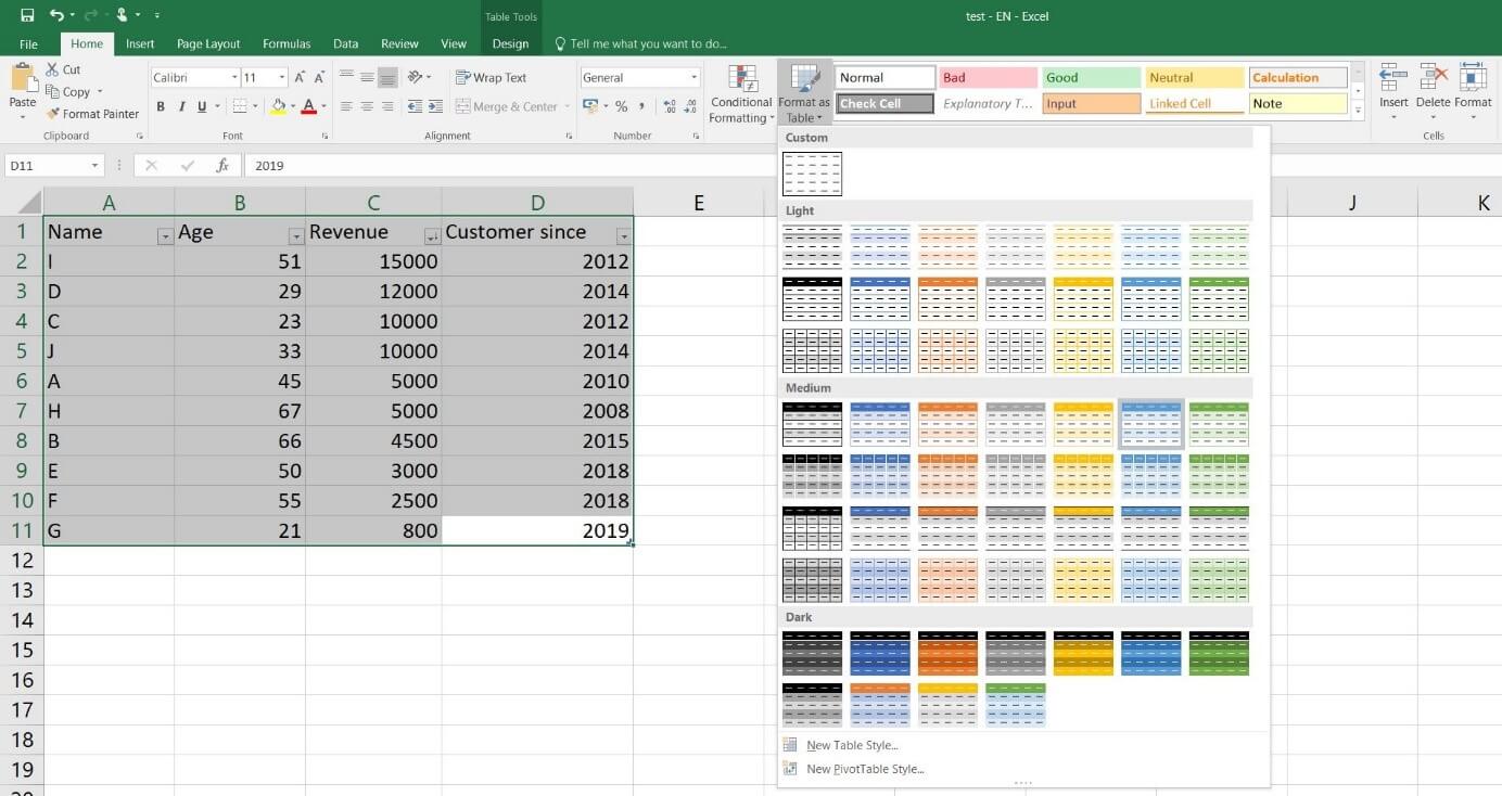 Panoramica delle tabelle Excel predefinite in Excel 2016