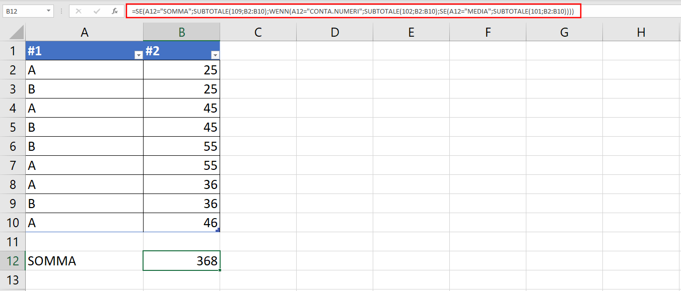 Combinazione della query SE e della funzione SUBTOTALE in un foglio di calcolo Excel