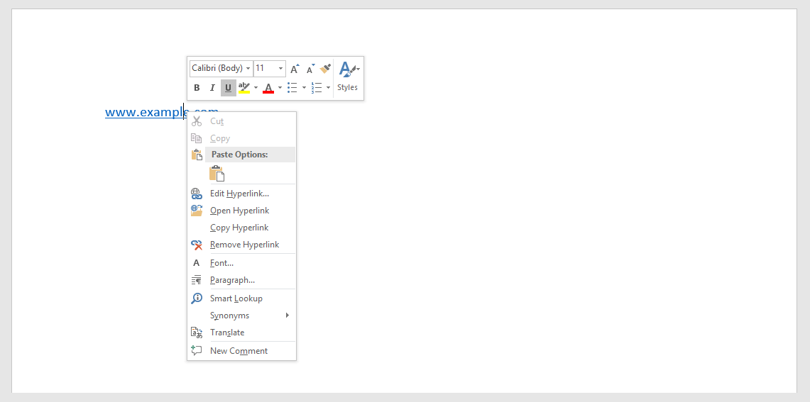 Documento di Microsoft Word con collegamento ipertestuale da rimuovere