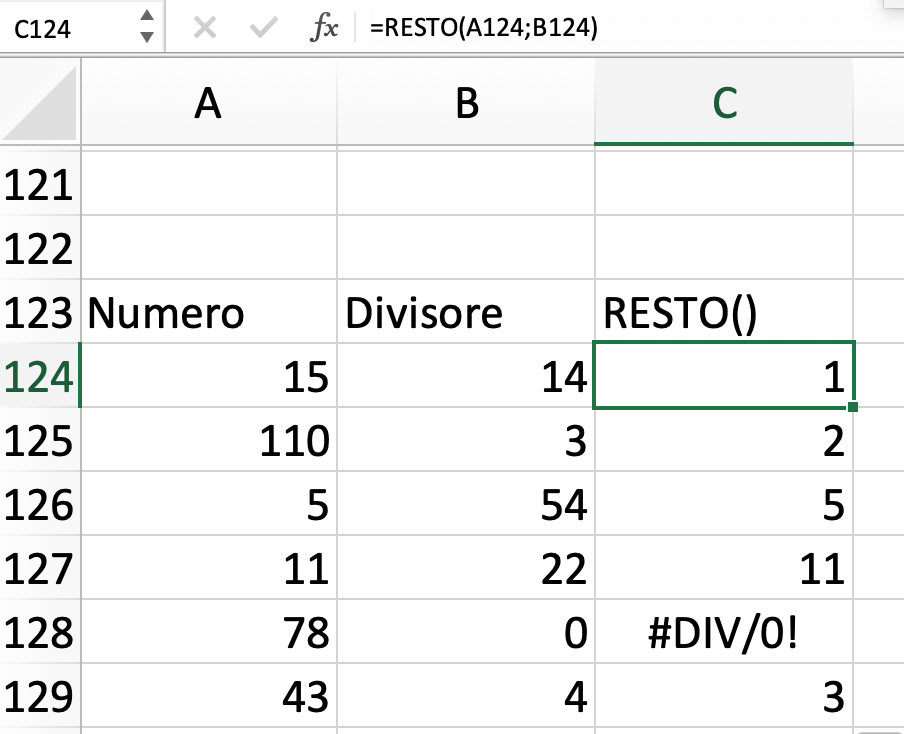 Funzione RESTO di Excel: messaggio di errore #DIV/0!