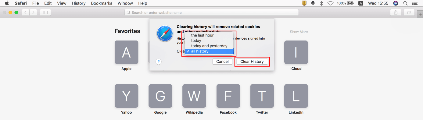 Browser Safari: finestra di dialogo “Cancella cronologia” in macOS