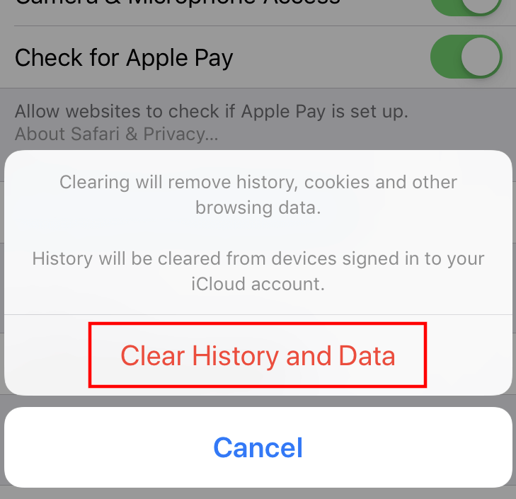 Safari (iOS): finestra di dialogo “Cancella dati web e cronologia”