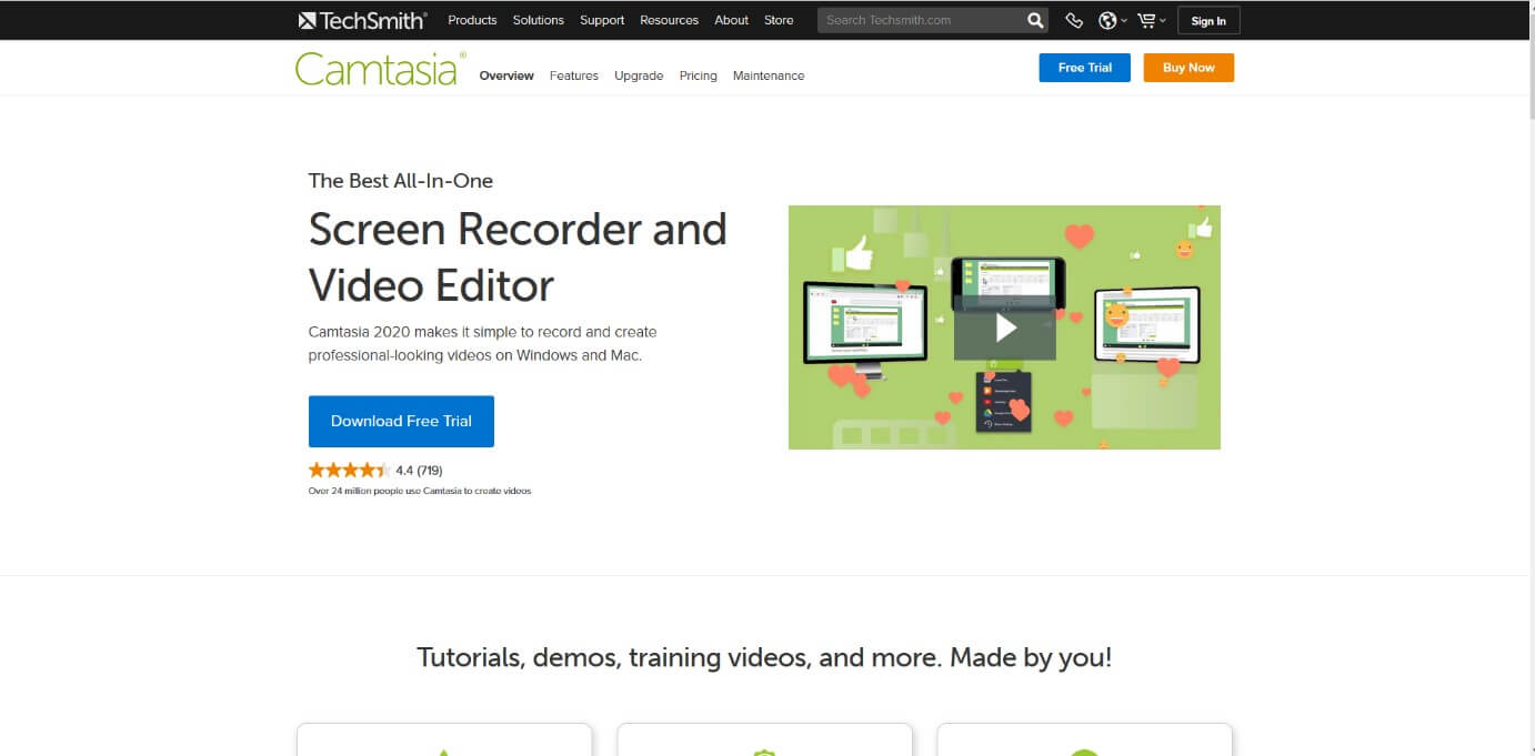 Screenshot della homepage di Camtasia dello sviluppatore TechSmith