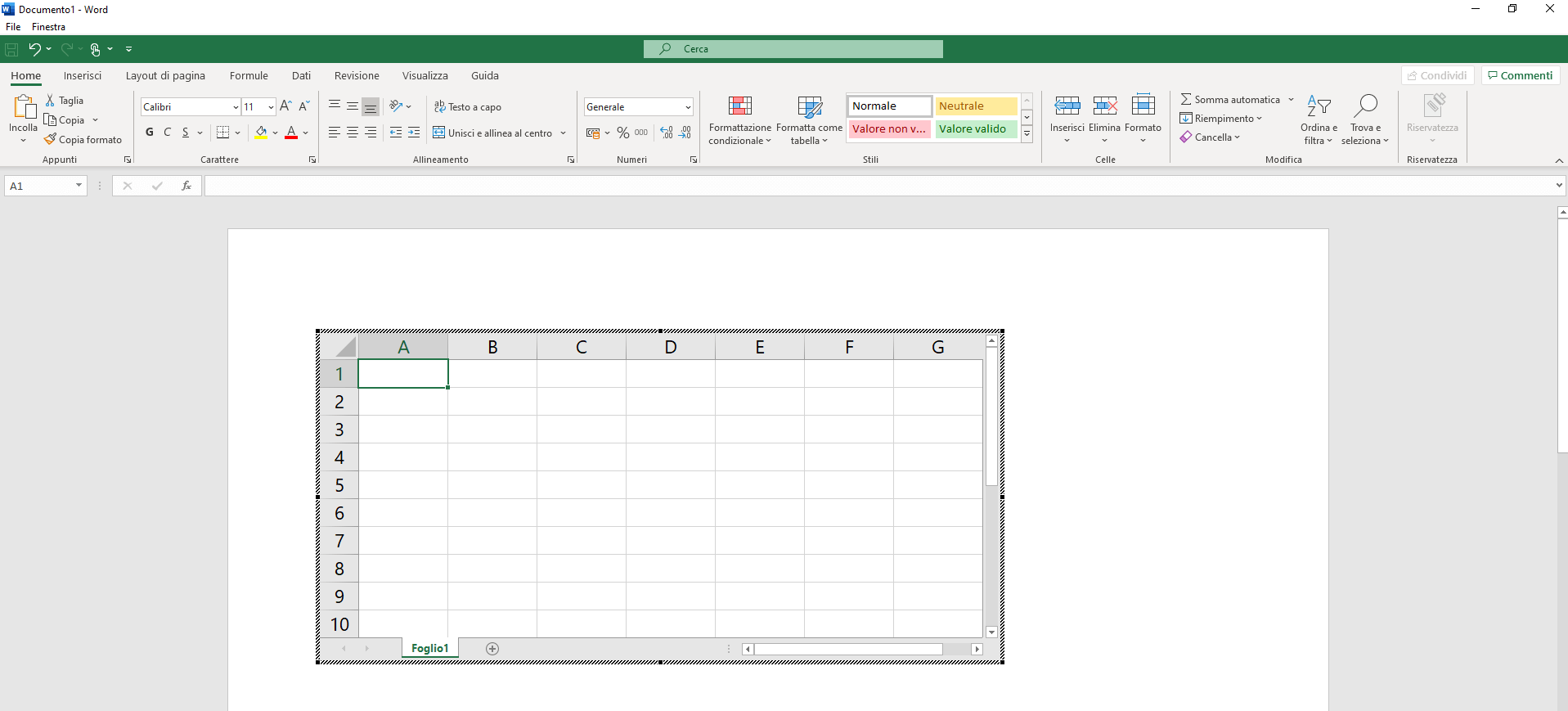 Screenshot di come creare una tabella Excel in Word