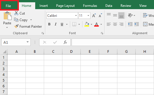 Screenshot della voce di menu “File” in MS Excel