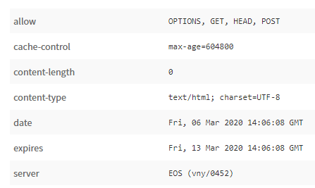 Screenshot di una risposta HTTP a una richiesta OPTIONS
