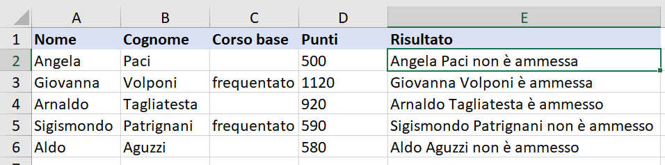 Excel: combinazione di SE e O e CONCATENA