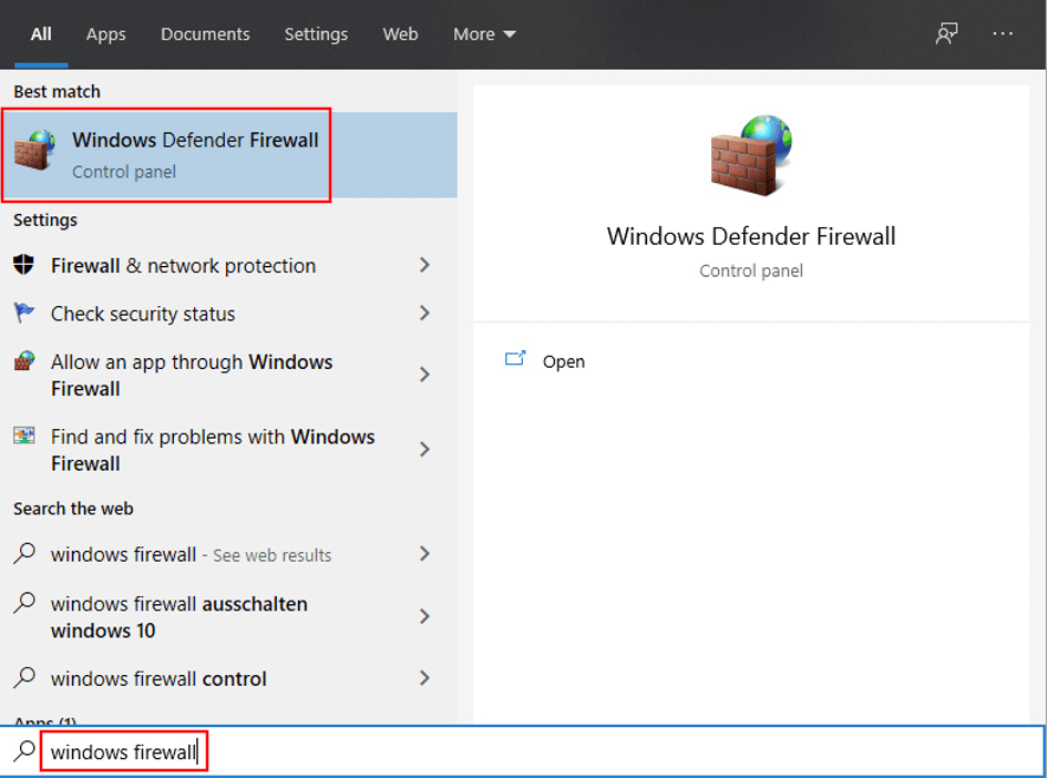 Windows 10: risultato della ricerca per “Windows Firewall”