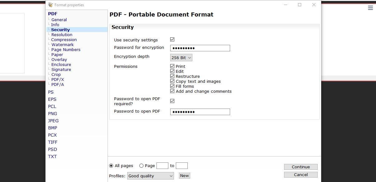 Impostazioni di sicurezza di PDF 24 Creator