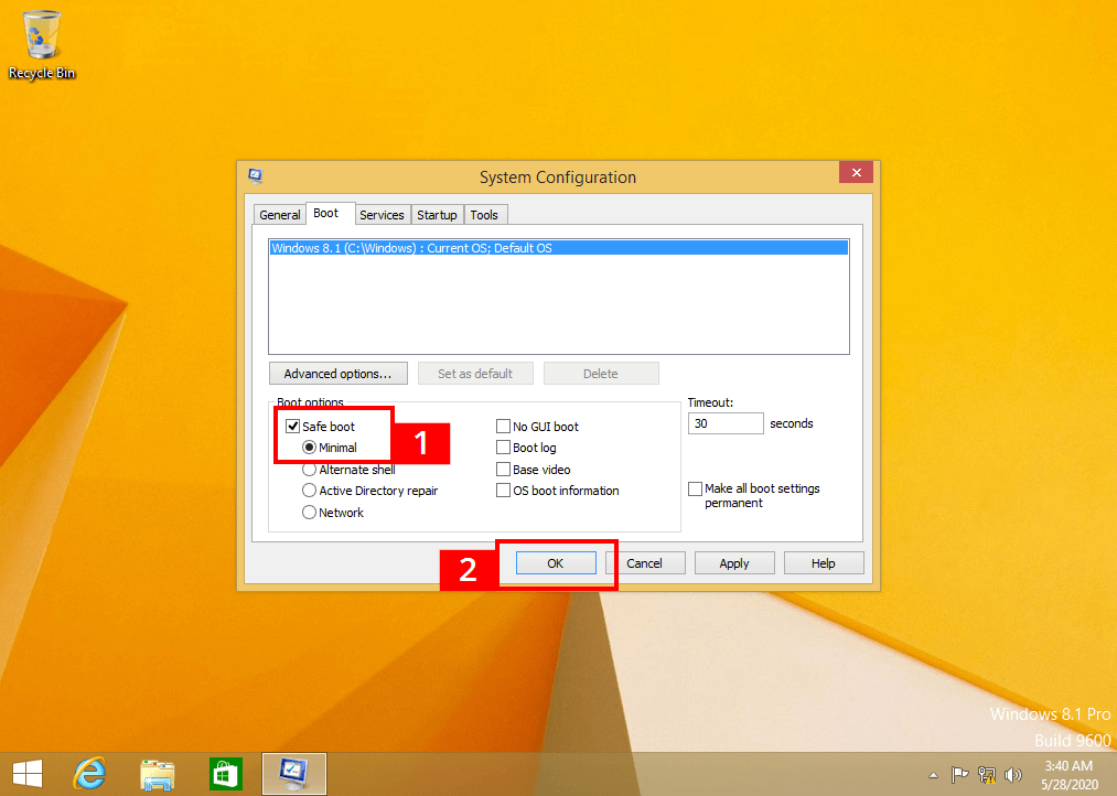 Selezionare l'avvio in modalità provvisoria nella configurazione di sistema di Windows 8