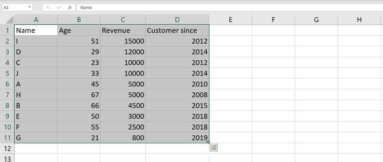 Set di dati selezionato in Excel 2016