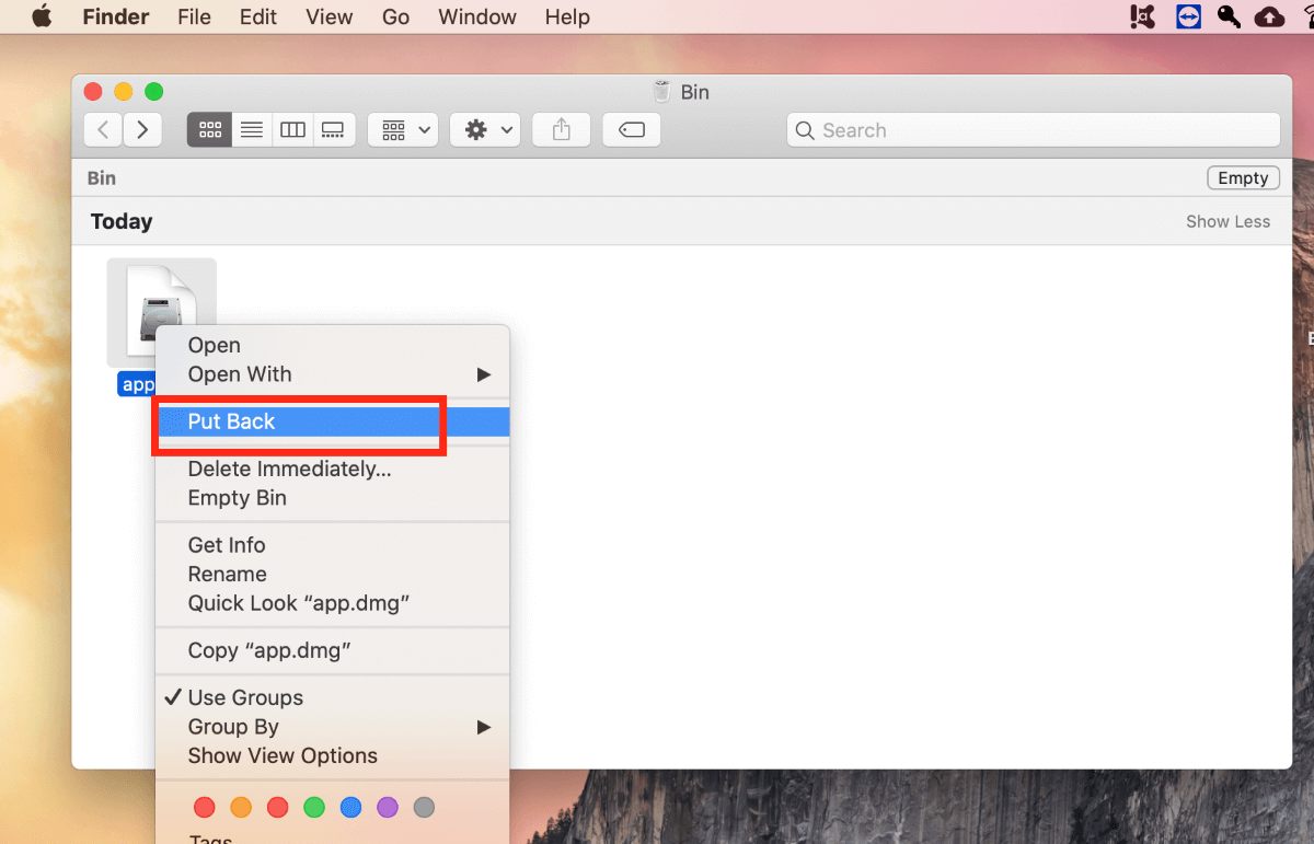 Cestino del Mac: funzione di selezione per il ripristino di un file