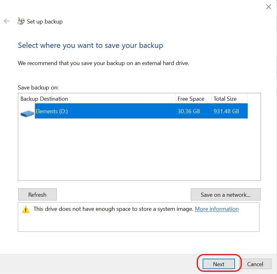 Selezionate l’unità di backup di Windows 10