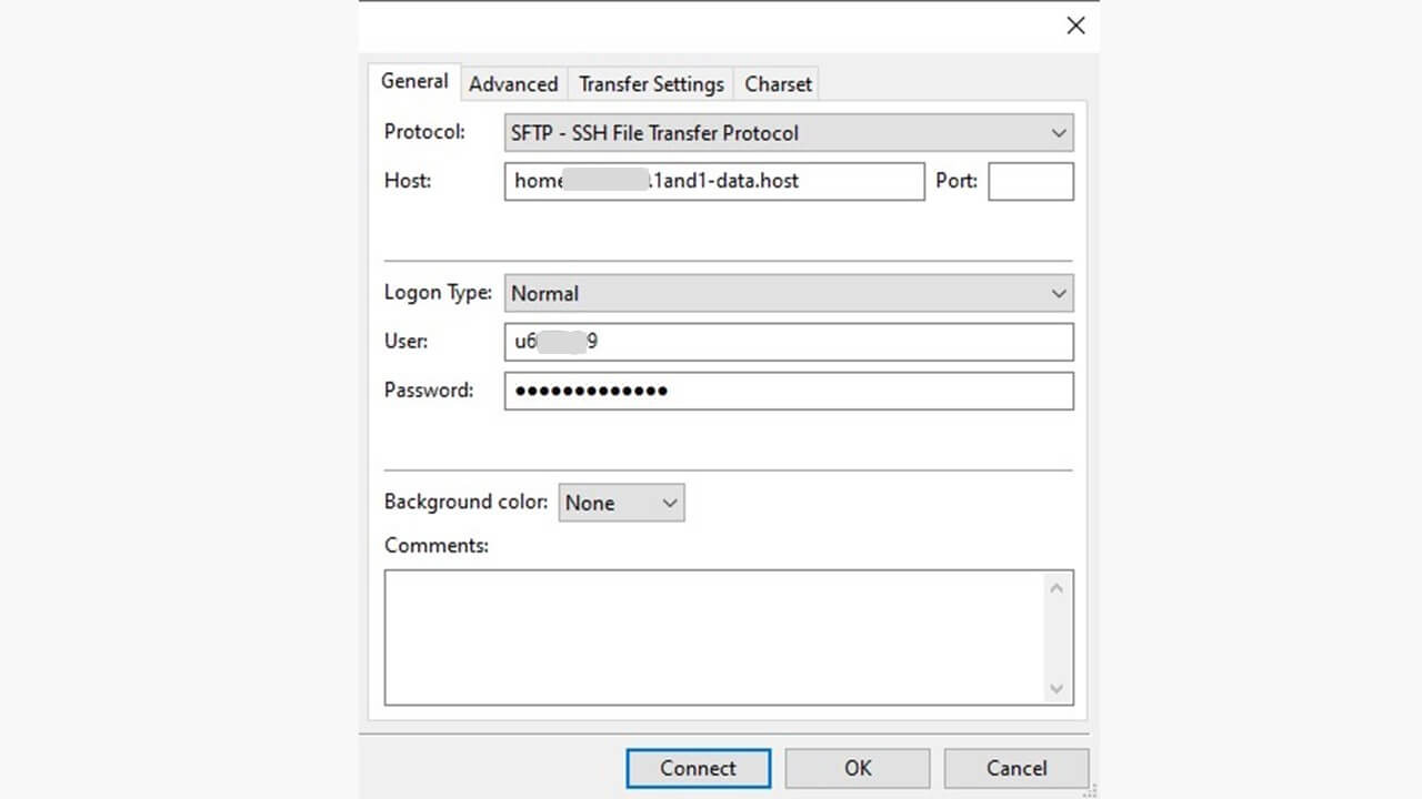 Selezionare SFTP nel server manager FileZilla