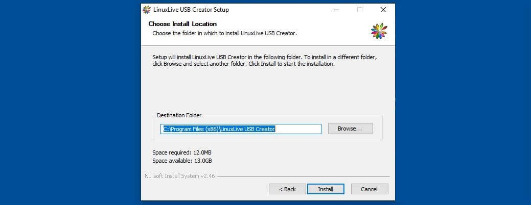 Selezionate il percorso di installazione di LinuxLive USB Creator