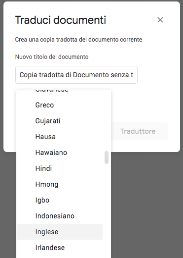 Selezione della lingua durante la traduzione di Google Docs