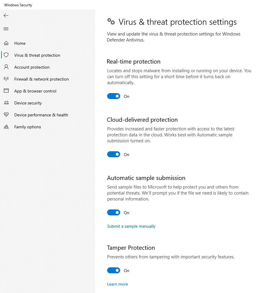 Impostazioni per la protezione da virus e minacce in Windows