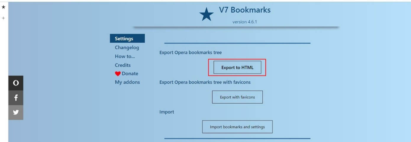 Menu delle impostazioni dell’add-on di Opera V7 Bookmarks