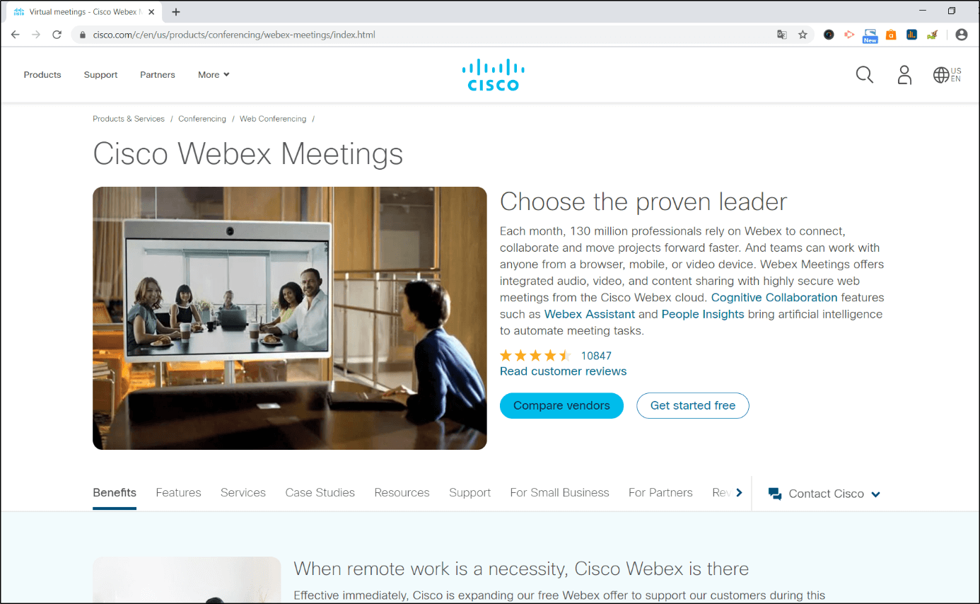 Sito del fornitore di videotelefonia Cisco Webex Meetings