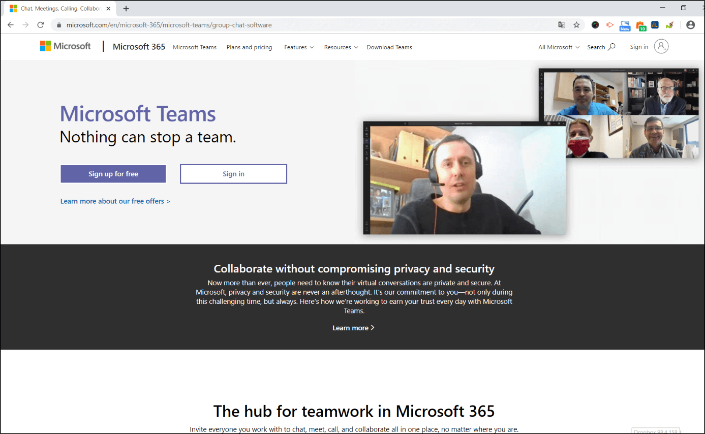 Sito del fornitore di videotelefonia Microsoft Teams