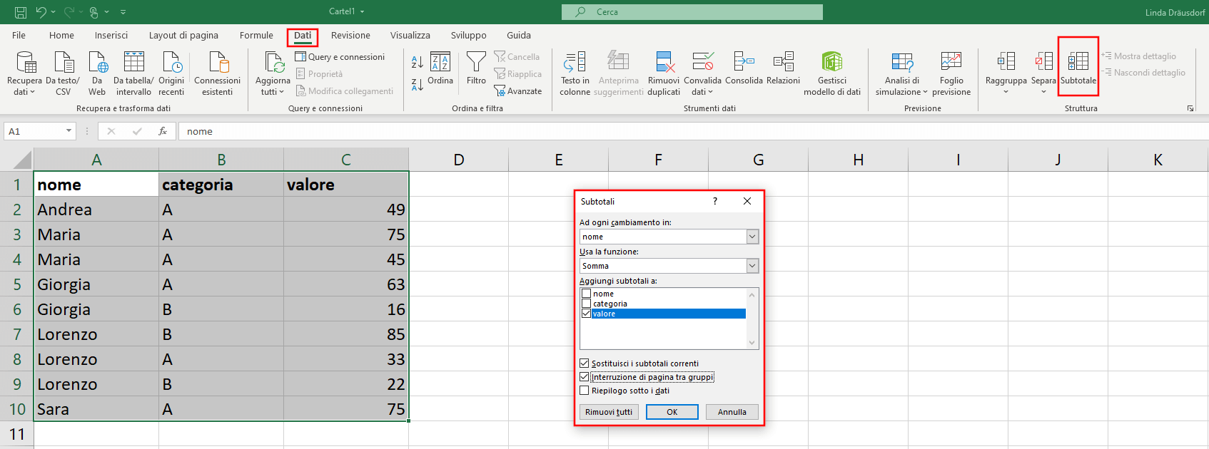 Strumento Subtotale in Excel