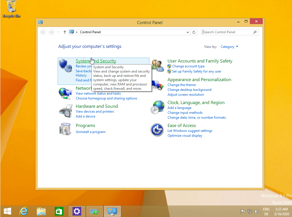 La categoria “Sistema e sicurezza” nel pannello di controllo di Windows 8