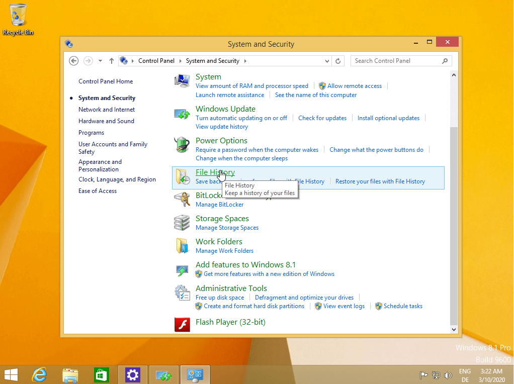 Windows 8, Sistema e sicurezza, cronologia file