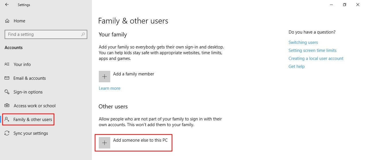 Menu di Windows 10 “Famiglia e altre persone”