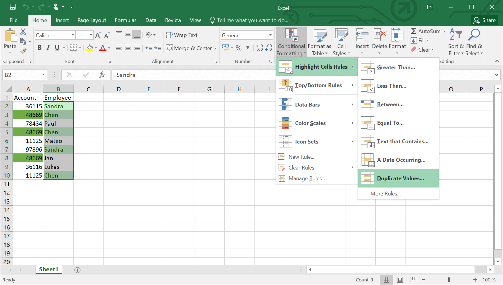 Menu delle funzioni in Excel per visualizzare i valori duplicati