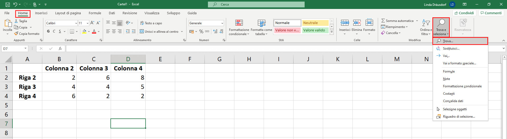 Trova e Sostituisci su Excel, accesso dal menu