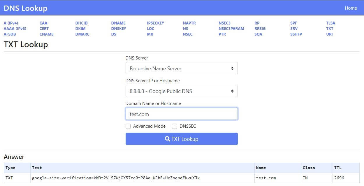 Screenshot del tool DNS Lookup
