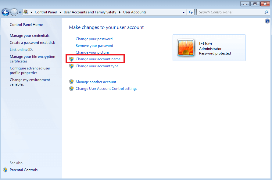 Windows 7: menu “Account utente”