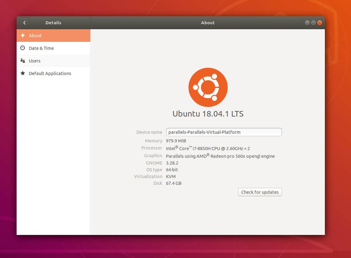 Schermata con la versione di Ubuntu nelle impostazioni