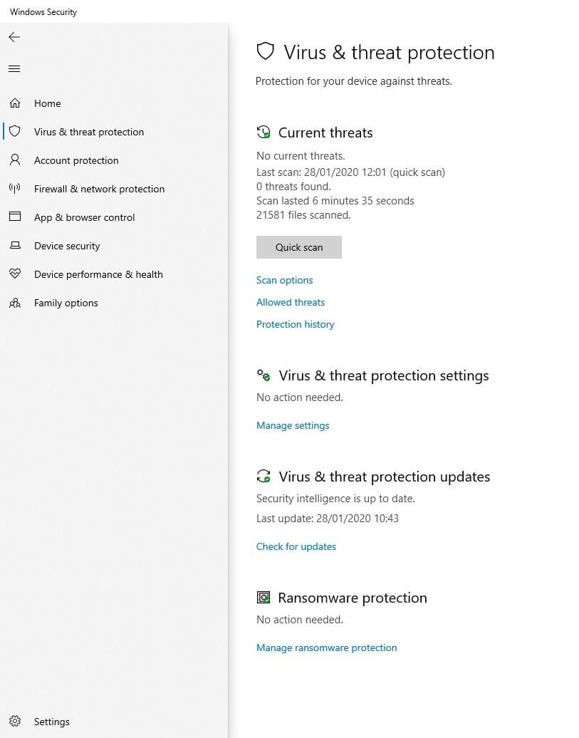 Protezione da virus e minacce in Windows 10